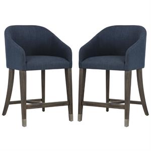 Home Square Nellie 26&quot Fabric Counter Stool in Blue & Antique Brass - Set of 2