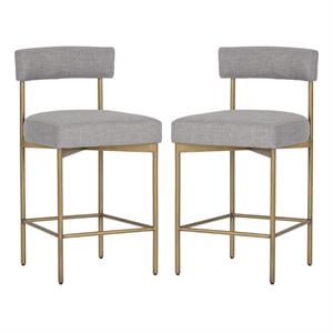 Home Square Seneca 26&quot Fabric Counter Stool in Gray/Antique Brass - Set of 2