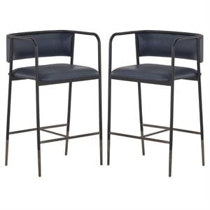Home Square Brenan 25.5&quot Modern Faux Leather Counter Stool in Blue - Set of 2