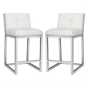Home Square Alba 26&quot Faux Leather Counter Stool in White/Silver - Set of 2