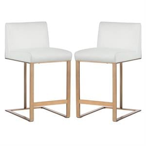 Home Square Dean 26&quot Modern Counter Stool in White/Antique Brass - Set of 2