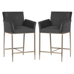 Home Square Gesa 28&quot Fabric Counter Stool in Kohl Gray/Antique Brass - Set of 2