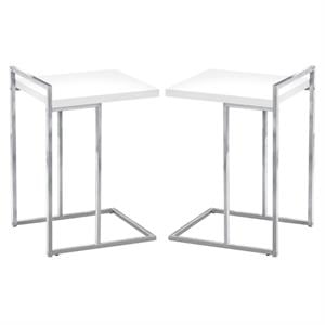 Home Square Wood Panel Top C Side Table in Glossy White and Chrome - Set of 2
