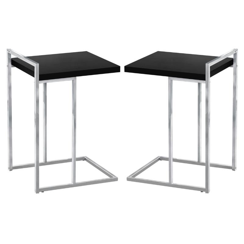 Home Square Thick Wood Panel Top C Side Table in Black and Chrome - Set of 2