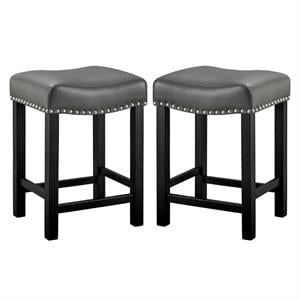 Home Square Faux Leather Solid Wood Counter Stool in Gray - Set of 2