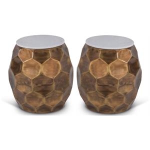 Home Square 20&quot Round Marble Top Accent End Table in Brass - Set of 2