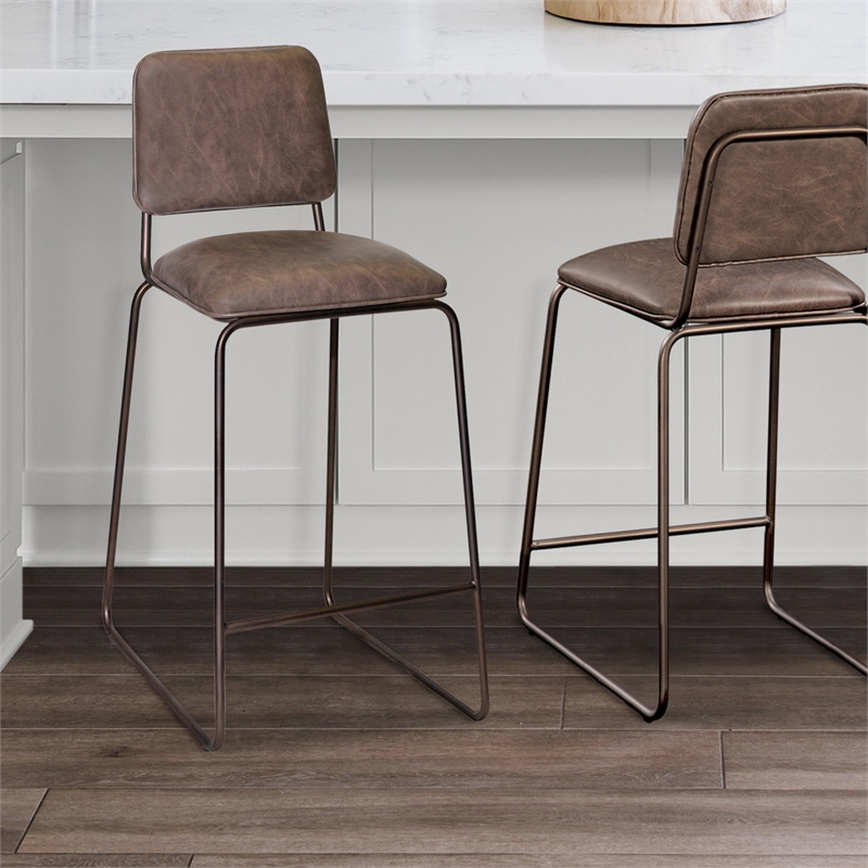 Home Square Metal Counter Stool in Cocoa Brown Faux Leather - Set of 3