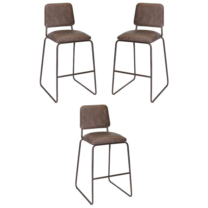 Home Square Metal Counter Stool in Cocoa Brown Faux Leather - Set of 3