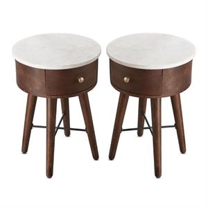 Home Square Round Marble Top End Table in Brown Cherry Base - Set of 2