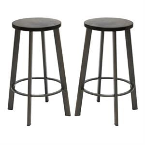 Home Square Metro 25&quot Round Wood Seat Counter Stool in Barnwood - Set of 2