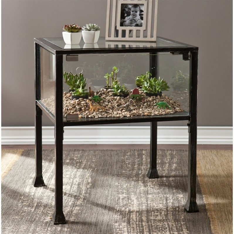 Home Square Glass Display End Table in Black - Set of 2