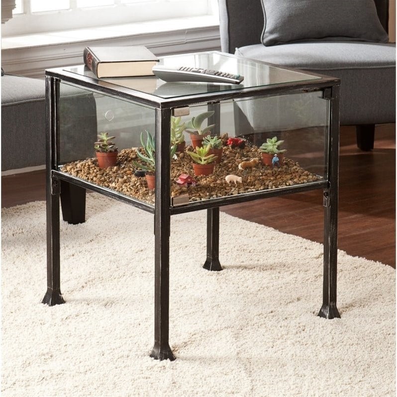 Home Square Glass Display End Table in Black - Set of 2