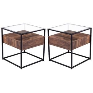 Home Square 1 Drawer Glass Top End Table in Black and Natural - Set of 2
