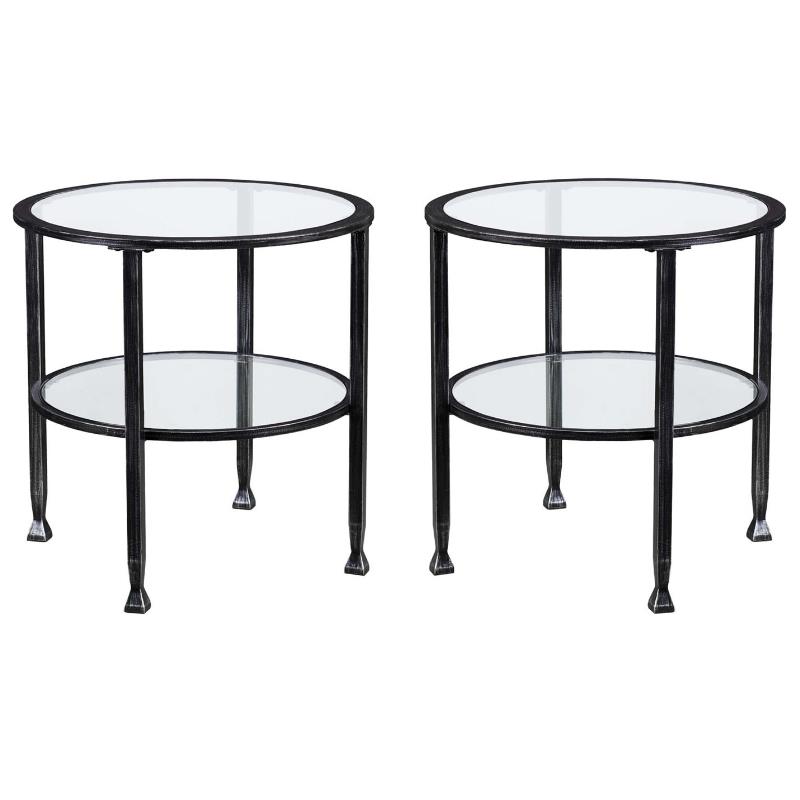Home Square Jaymes Round Glass Top Metal End Table in Black - Set of 2