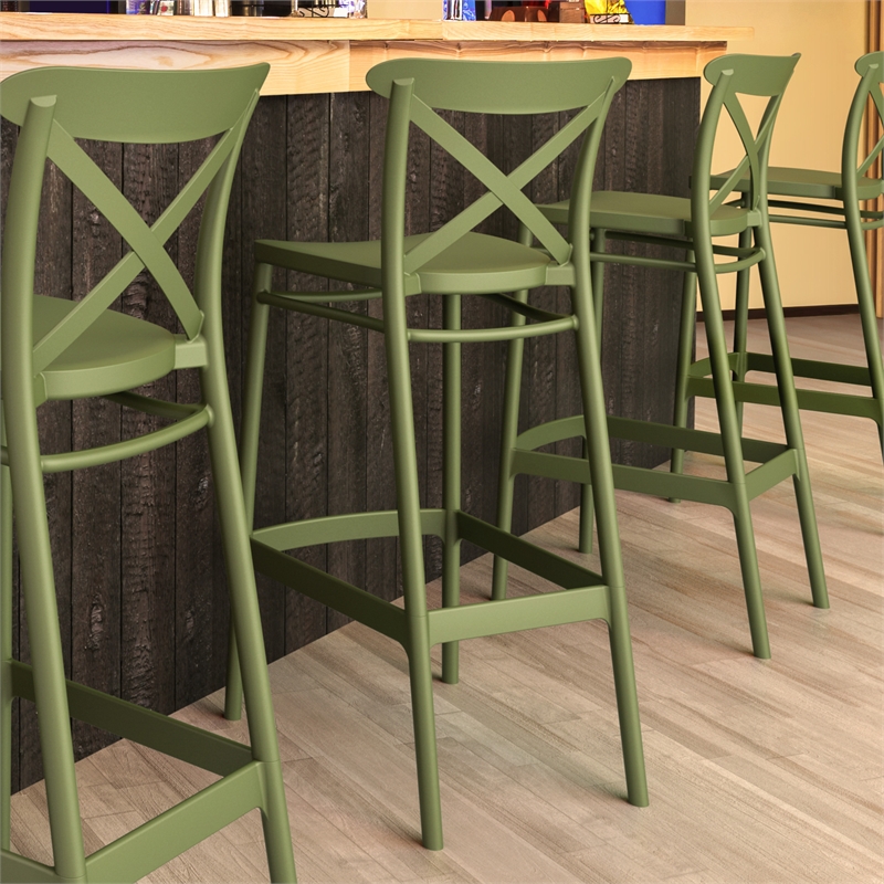 Home Square Cross Indoor Outdoor Bar Stool in Olive Green - Set of 2