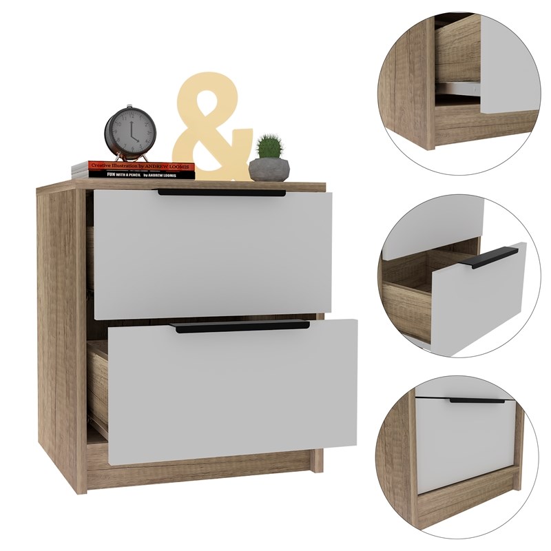 Home Square Kaia 2 Drawer Night Stand in White & Light Oak - Set of 2