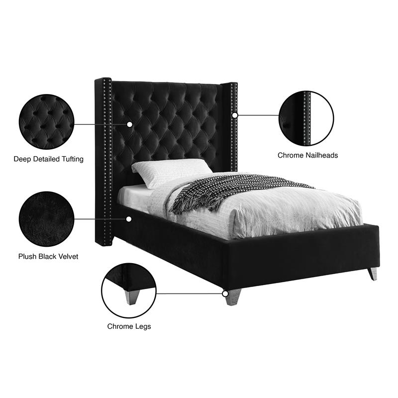 Home Square 2-Piece Set with Velvet Wing Back Twin Bed and Ottoman in Black
