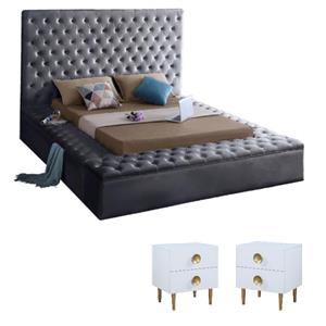 Home Square 3-Piece Set with Velvet Queen Bed and 2 Metal Nightstands
