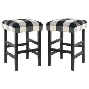 Home Square 24.5&quot Square Fabric Plaid Pattern Counter Stool in Black - Set of 2