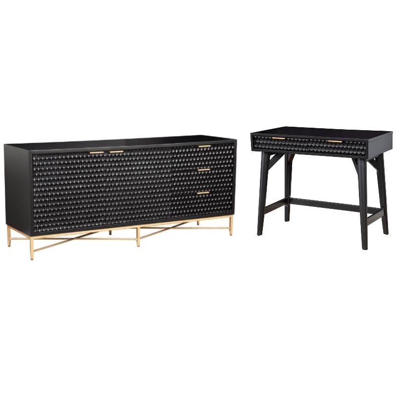 Home Square 2-Piece Set with TV Console and Mini Wood Desk in Black