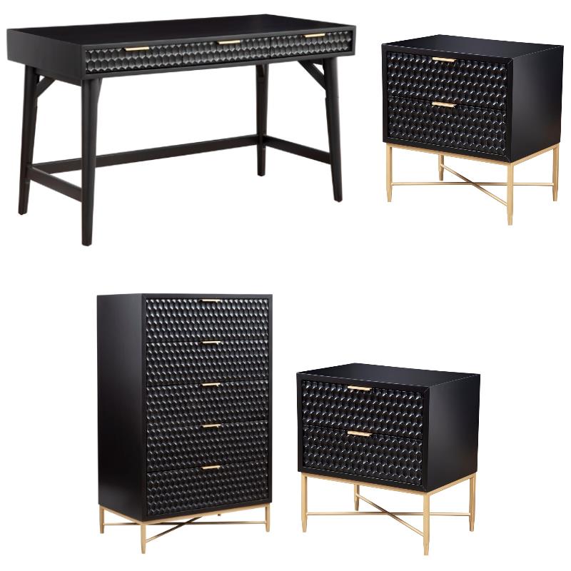 Home Square 4-Piece Set with 5 Drawer Chest & 2 Nightstands & Large Wood Desk