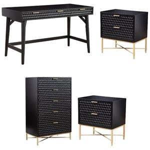 Home Square 4-Piece Set with 5 Drawer Chest & 2 Nightstands & Large Wood Desk
