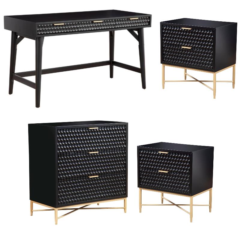 Home Square 4-Piece Set with 3 Drawer Chest & 2 Nightstands & Large Wood Desk