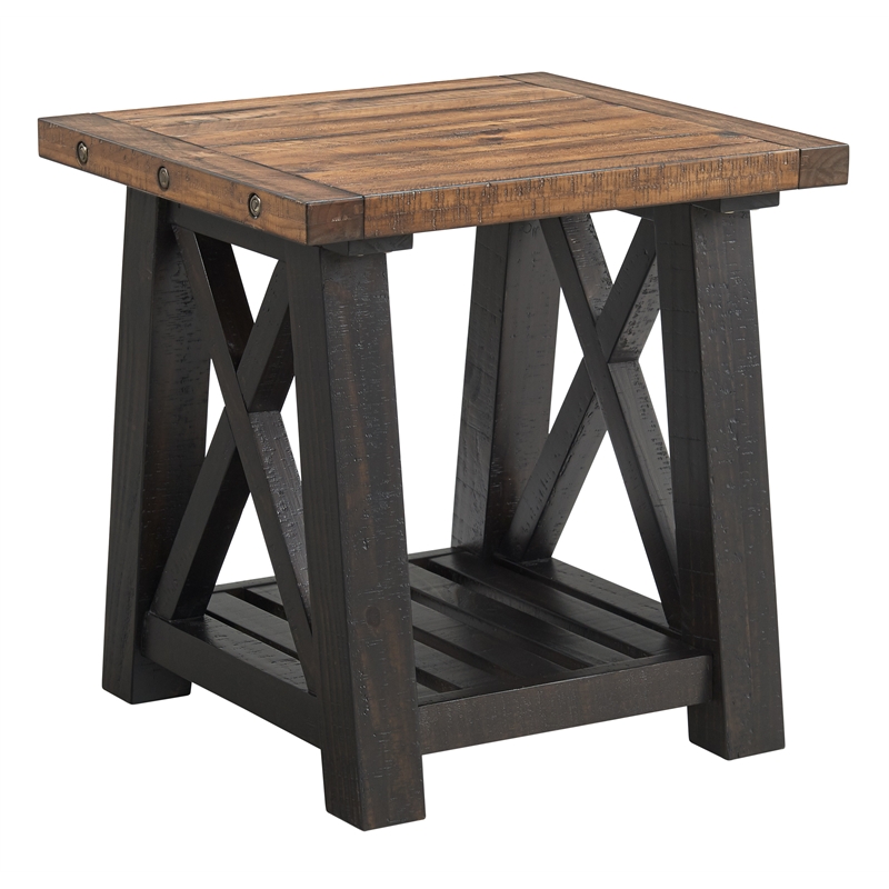 Home Square Bolton Solid Wood End Table in Black Stain and Natural - Set of 2