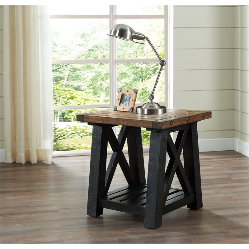 Home Square Bolton Solid Wood End Table in Black Stain and Natural - Set of 2