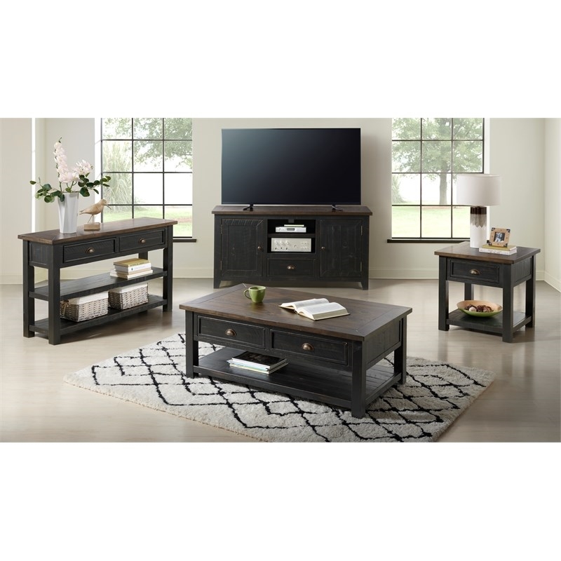 Home Square Monterey Solid Wood 1 Drawer End Table in Black & Brown - Set of 2