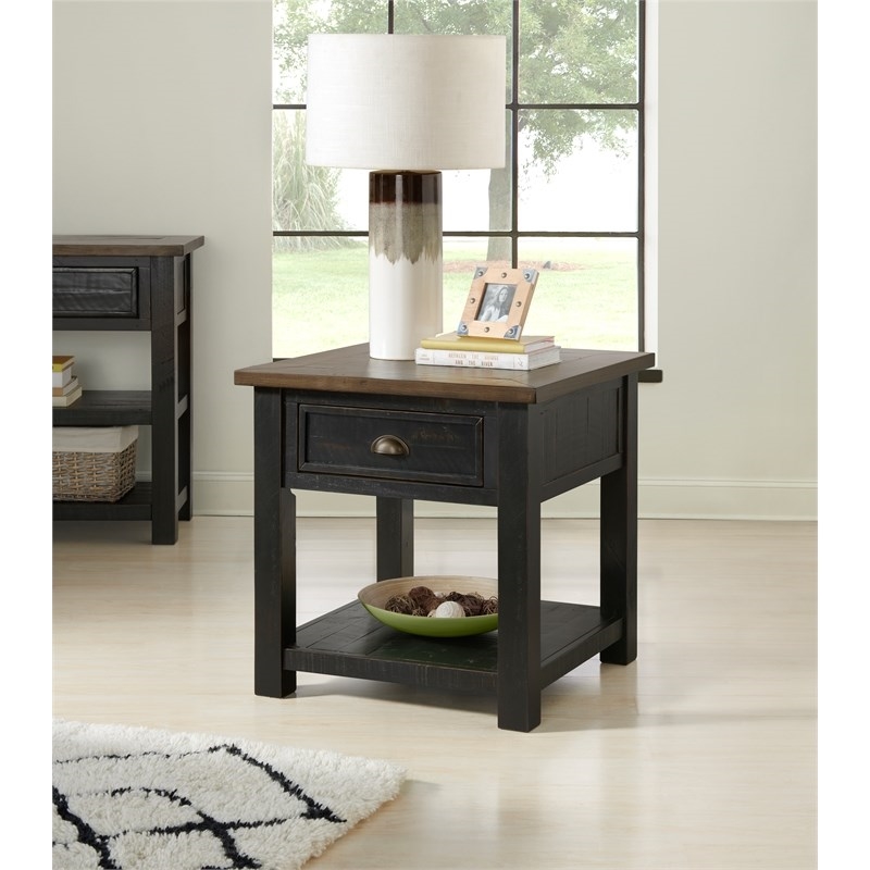 Home Square Monterey Solid Wood 1 Drawer End Table in Black & Brown - Set of 2