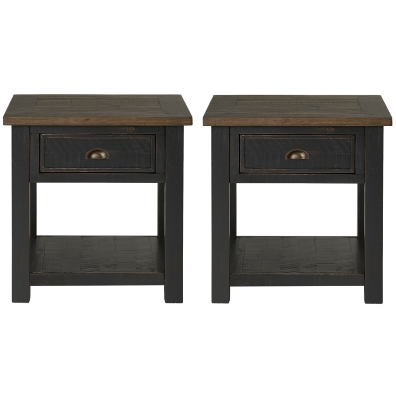 Home Square Monterey Solid Wood 1 Drawer End Table in Black & Brown - Set of 2