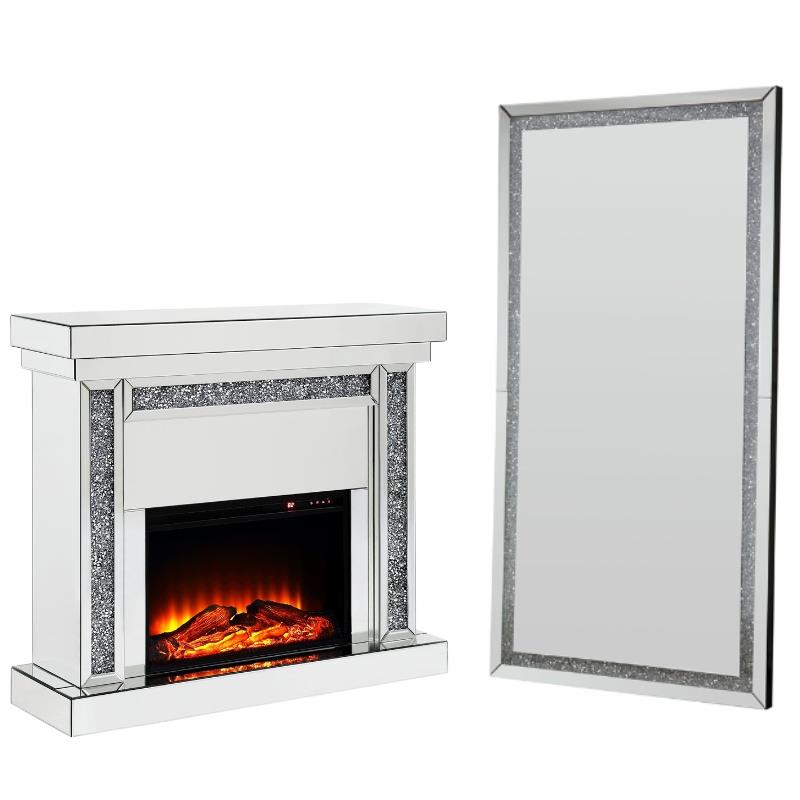 Home Square 2-Piece Set with Fireplace and Accent Mirror in LED Mirrored