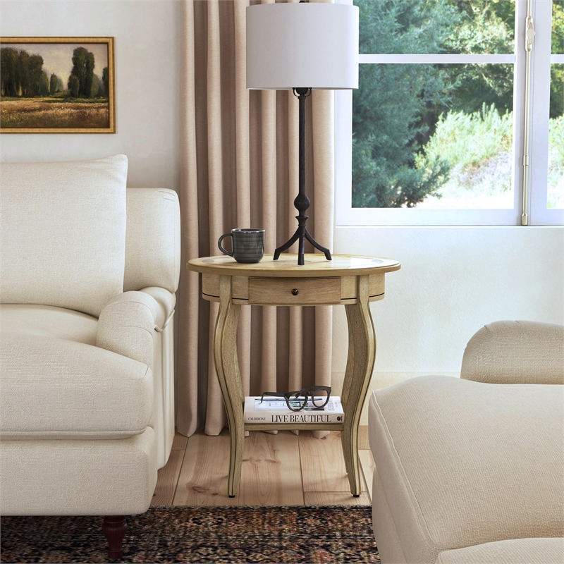 Home Square Specialty Oval Wood Accent Table in Antique Beige - Set of 2