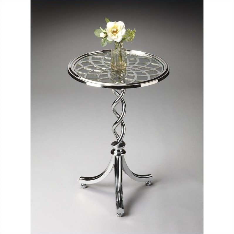 Home Square Modern Glass Top Accent Table in Silver - Set of 2