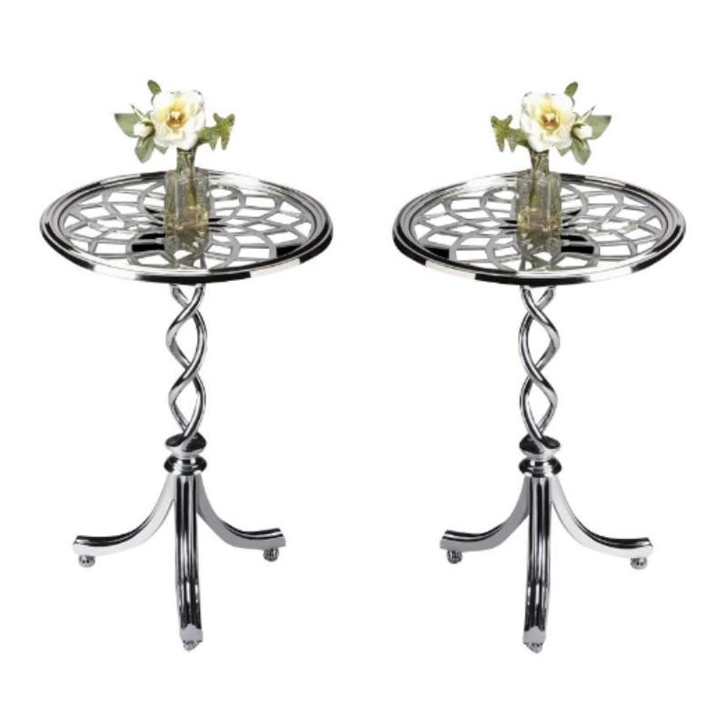 Home Square Modern Glass Top Accent Table in Silver - Set of 2