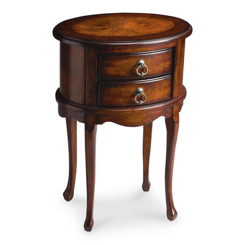Home Square Two Drawers Oval Side Table in Cherry Finish - Set of 2
