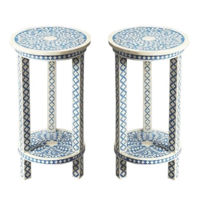 Home Square Traditional Bone Inlay Accent Table in Blue - Set of 2