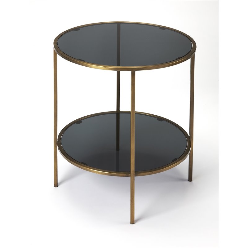 Home Square Iron and Glass End Table in Antique Gold and Black - Set of 2