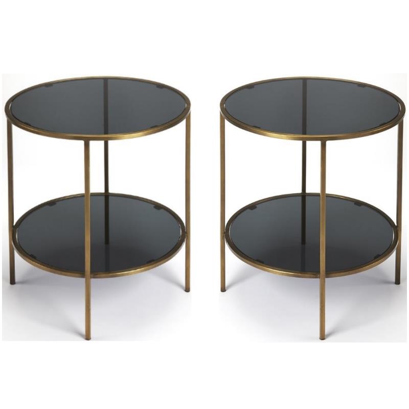 Home Square Iron and Glass End Table in Antique Gold and Black - Set of 2
