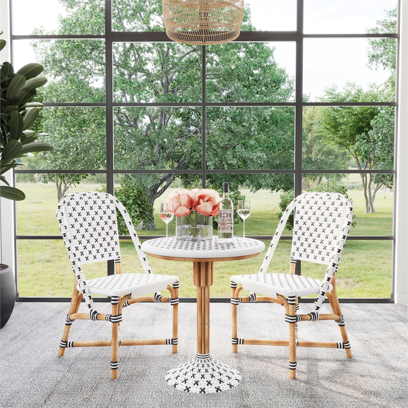 Home Square Transitional Rattan Dining Chair in White and Black - Set of 2