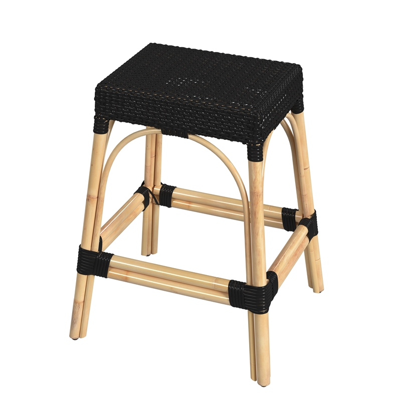 Home Square Coastal Modern Rattan Counter Stool in Black - Set of 2