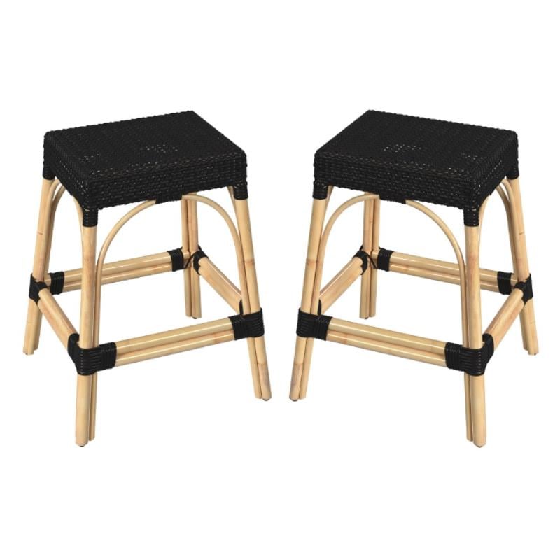 Home Square Coastal Modern Rattan Counter Stool in Black - Set of 2