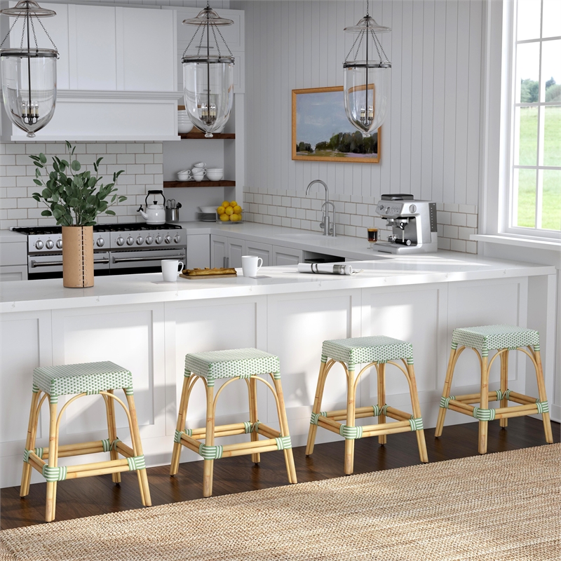 Home Square Rattan Counter Stool in White and Green - Set of 2