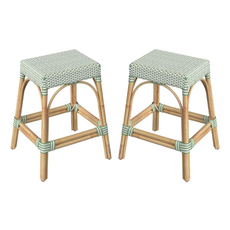 Home Square Rattan Counter Stool in White and Green - Set of 2