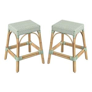 Home Square Rattan Counter Stool in White and Green - Set of 2