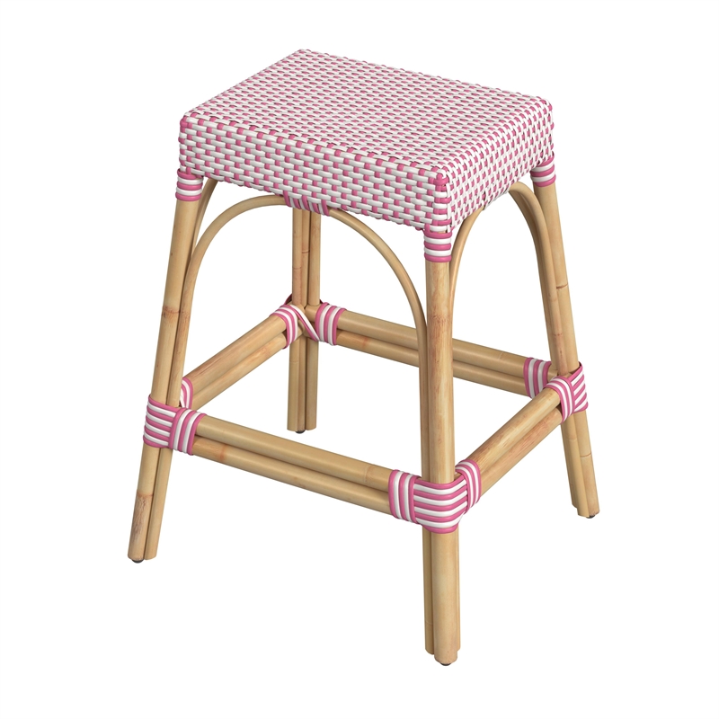 Home Square Rattan Counter Stool in White and Pink - Set of 2
