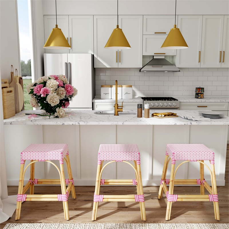Home Square Rattan Counter Stool in White and Pink - Set of 2