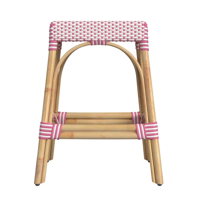 Home Square Rattan Counter Stool in White and Pink - Set of 2