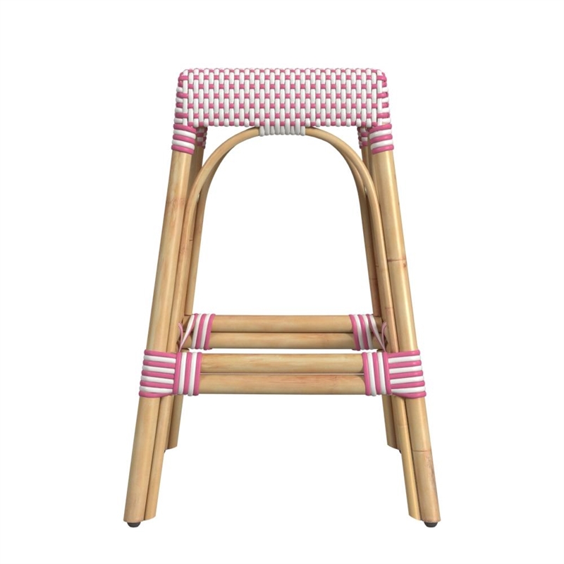 Home Square Rattan Counter Stool in White and Pink - Set of 2